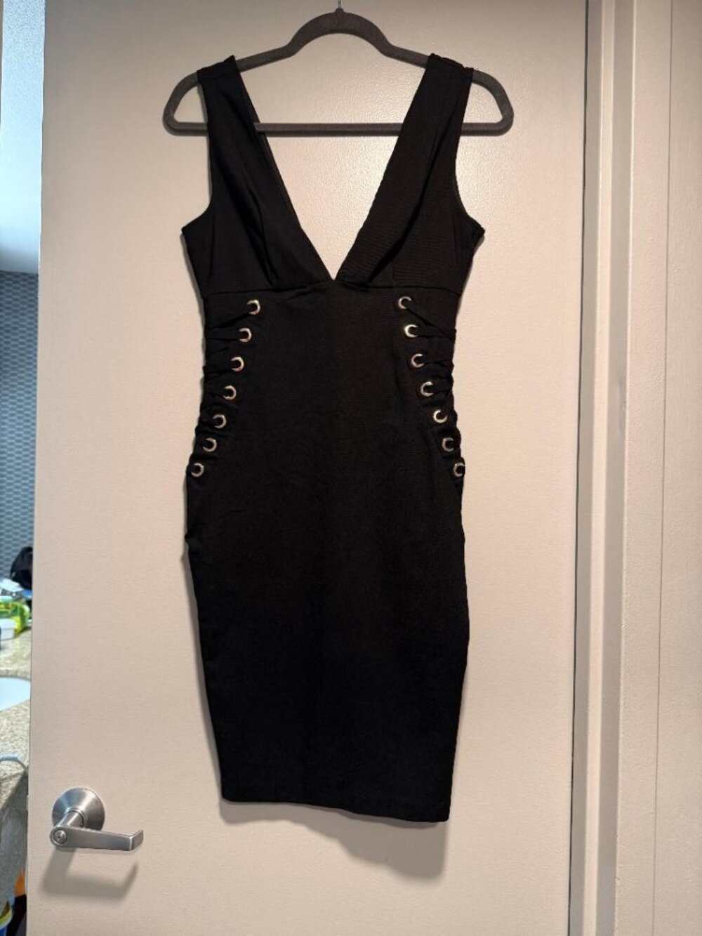 IRIS Black Lace-Up Side Bodycon Midi Dress Size M NWOT - Picture 3 of 4